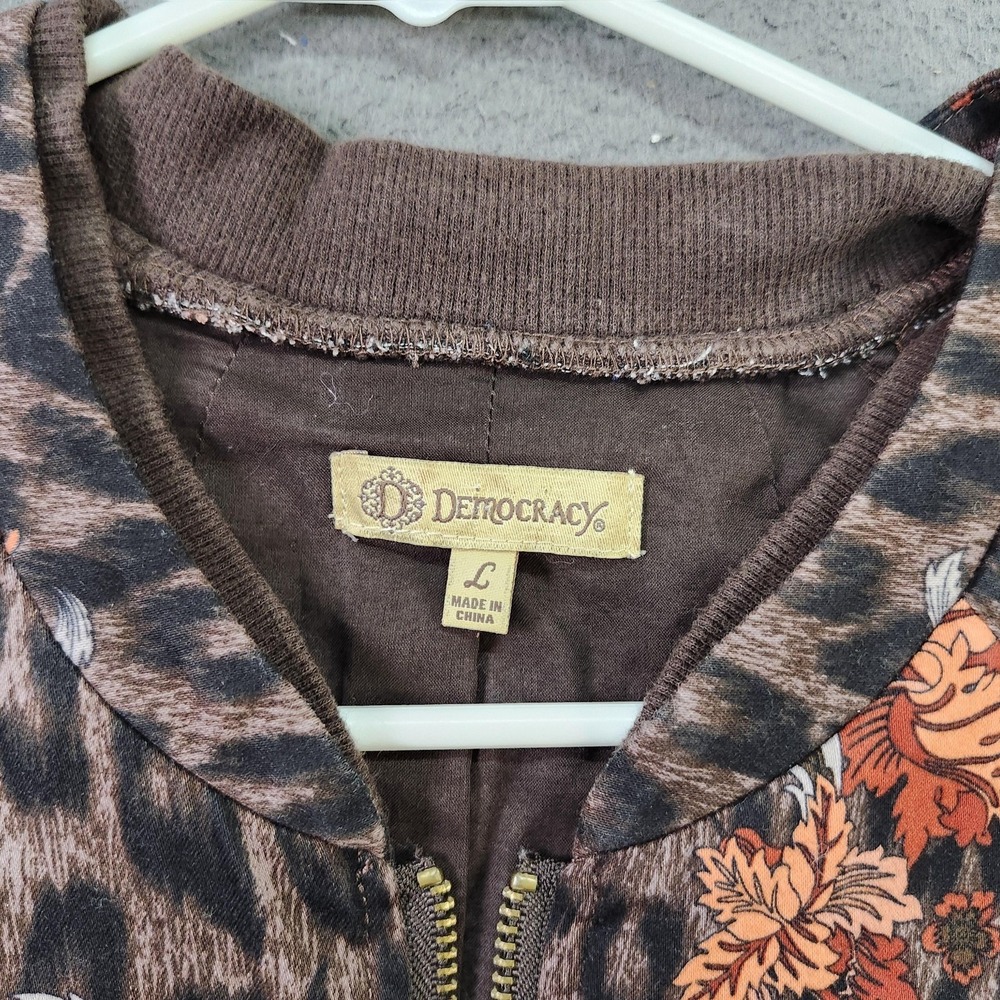 Democracy Jacket Womens Large Brown Leopard Floral Full Zip Drawstring Pockets - Picture 2 of 6